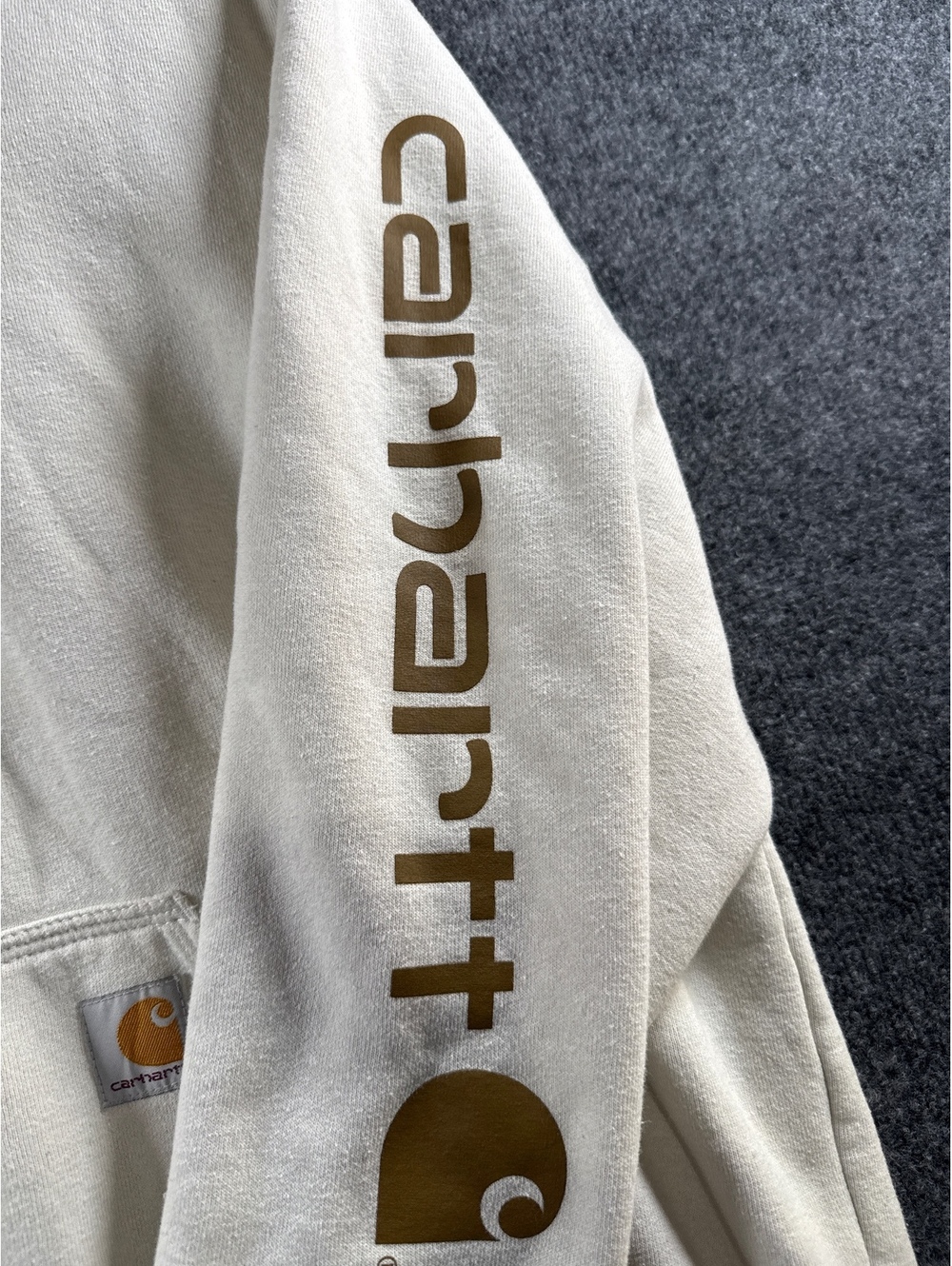 Carhartt Mens XL Loose Fit Cream Hoodie Logo Sleeve Pullover Workwear Sweatshirt - Picture 4 of 12